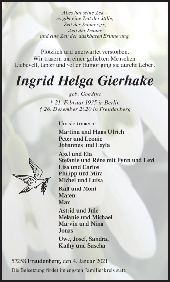 Traueranzeige von Ingrid Helga Gierhake von Siegener Zeitung