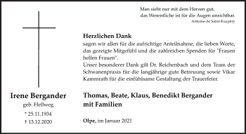 Traueranzeige von Irene Bergander von Siegener Zeitung
