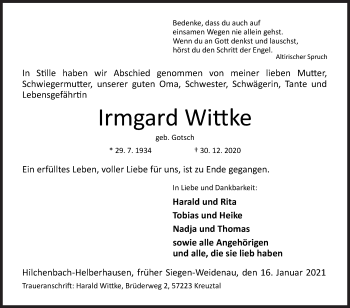 Traueranzeige von Irmgard Wittke von Siegener Zeitung
