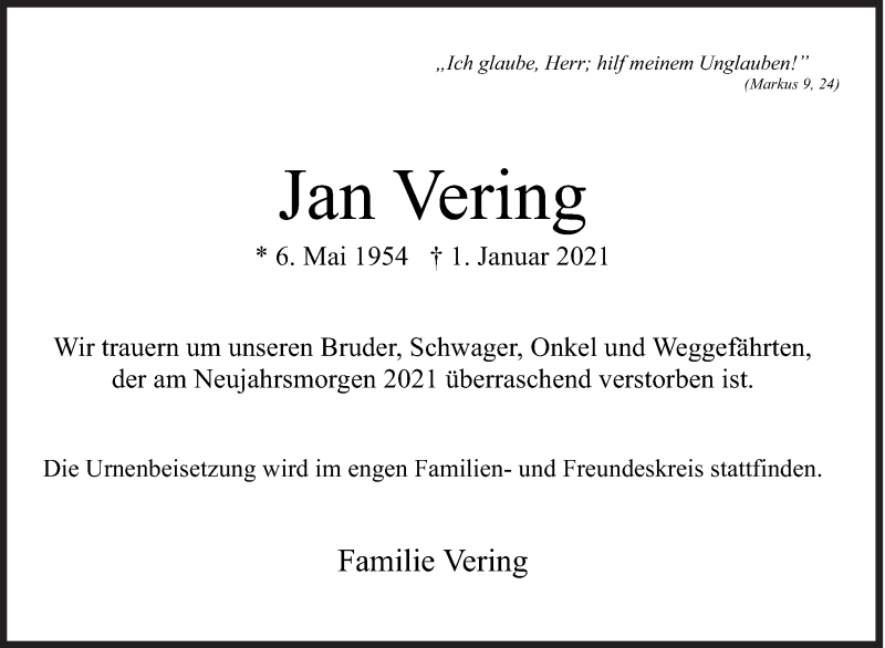  Traueranzeige für Jan Vering vom 07.01.2021 aus Siegener Zeitung