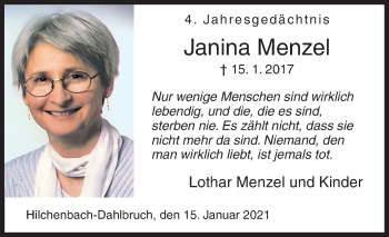 Traueranzeige von Janina Menzel von Siegener Zeitung