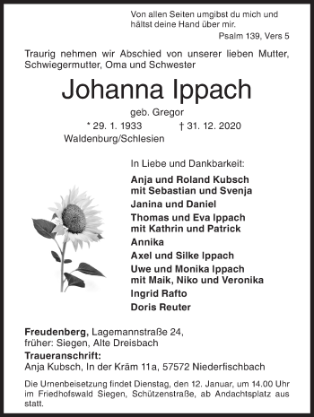 Traueranzeige von Johanna Ippach von Siegener Zeitung