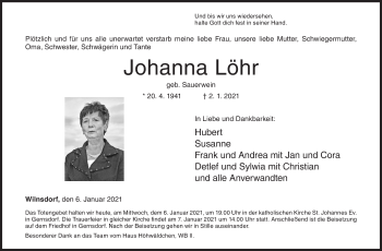 Traueranzeige von Johanna Löhr von Siegener Zeitung