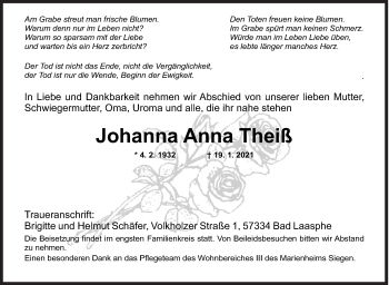 Traueranzeige von Johanna Anna Theiß von Siegener Zeitung