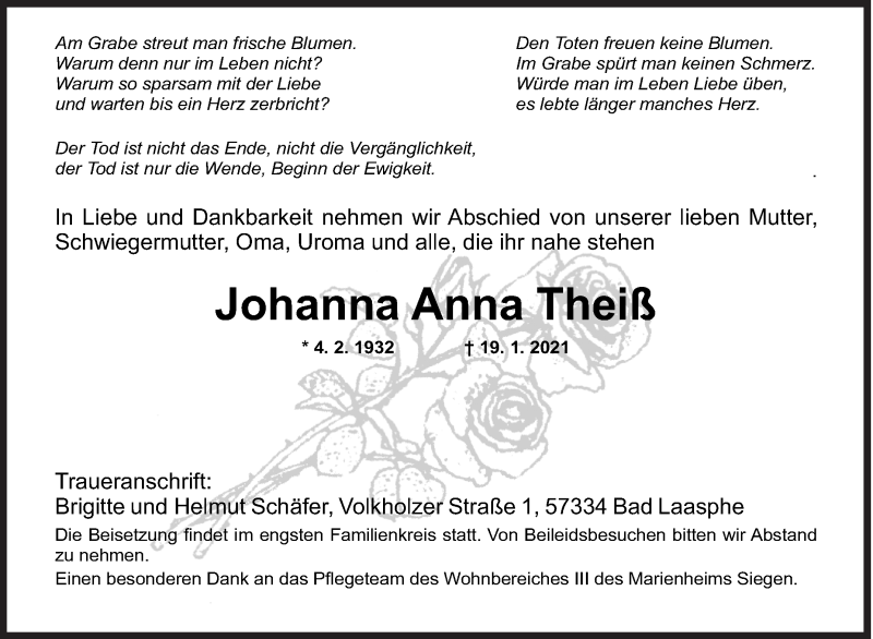  Traueranzeige für Johanna Anna Theiß vom 23.01.2021 aus Siegener Zeitung