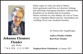Traueranzeige von Johanna Eleonore Flender von Siegener Zeitung