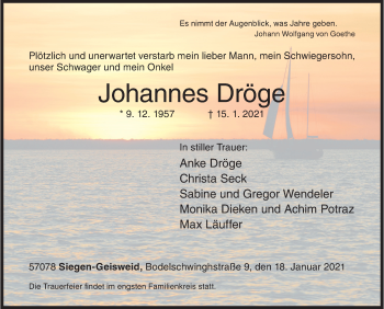 Traueranzeige von Johannes Dröge von Siegener Zeitung