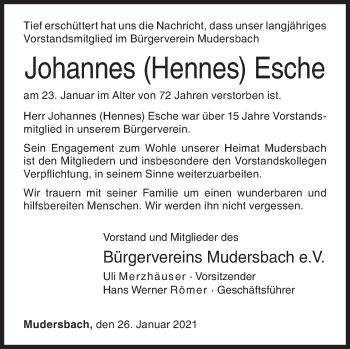 Traueranzeige von Johannes  Esche von Siegener Zeitung