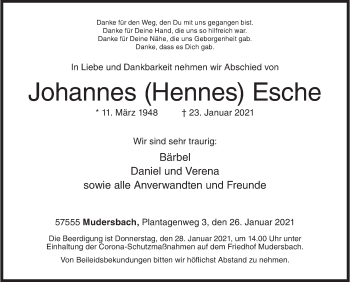 Traueranzeige von Johannes  Esche von Siegener Zeitung