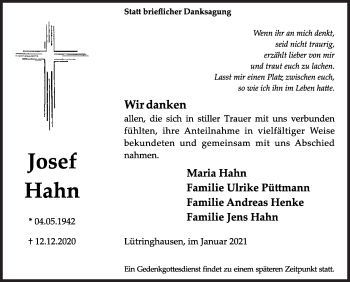 Traueranzeige von Josef Hahn von Siegener Zeitung