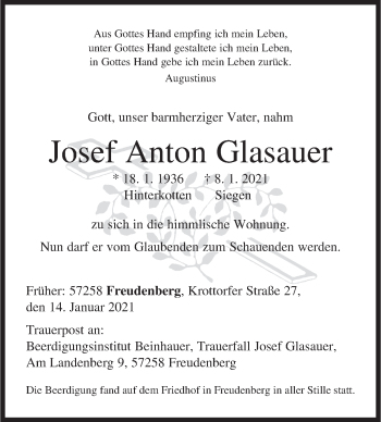 Traueranzeige von Josef Anton Glasauer von Siegener Zeitung