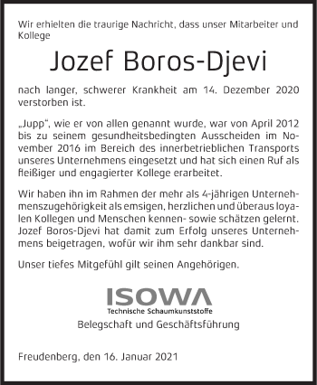 Traueranzeige von Jozef Boros-Djevi von Siegener Zeitung