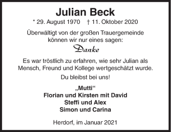 Traueranzeige von Julian Beck von Siegener Zeitung