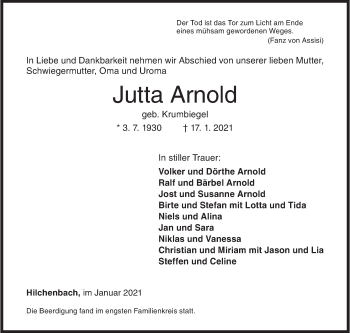 Traueranzeige von Jutta Arnold von Siegener Zeitung