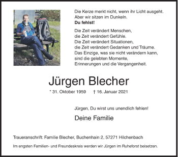 Traueranzeige von Jürgen Blecher von Siegener Zeitung