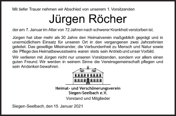 Traueranzeige von Jürgen Röcher von Siegener Zeitung