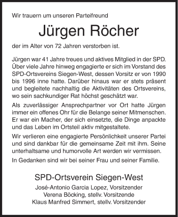 Traueranzeige von Jürgen Röcher von Siegener Zeitung