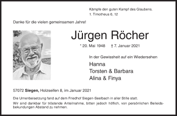 Traueranzeige von Jürgen Röcher von Siegener Zeitung