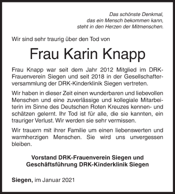 Traueranzeige von Karin Knapp von Siegener Zeitung