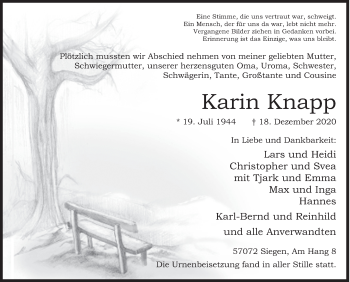 Traueranzeige von Karin Knapp von Siegener Zeitung