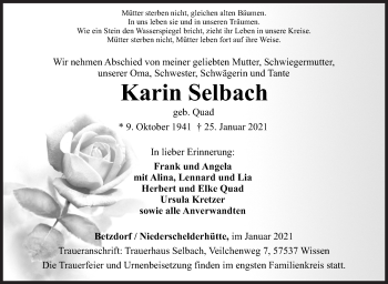 Traueranzeige von Karin Selbach von Siegener Zeitung