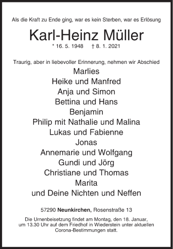 Traueranzeige von Karl-Heinz Müller von Siegener Zeitung