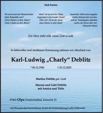 Traueranzeige von Karl-Ludwig Deblitz von Siegener Zeitung