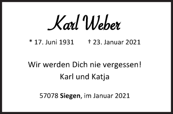 Traueranzeige von Karl Weber von Siegener Zeitung