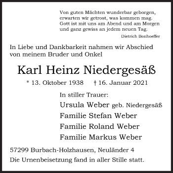 Traueranzeige von Karl Heinz Niedergesäß von Siegener Zeitung