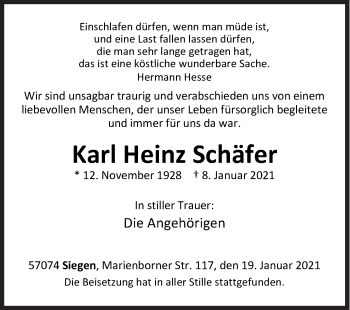 Traueranzeige von Karl Heinz Schäfer von Siegener Zeitung