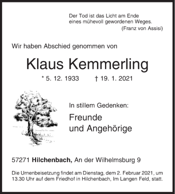 Traueranzeige von Klaus Kemmerling von Siegener Zeitung