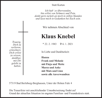 Traueranzeige von Klaus Knebel von Siegener Zeitung