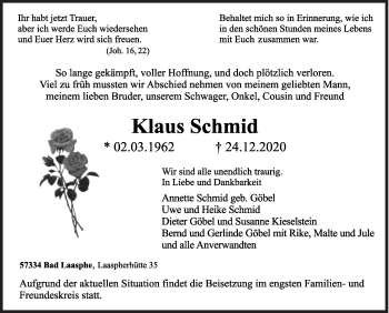 Traueranzeige von Klaus Schmid von Siegener Zeitung