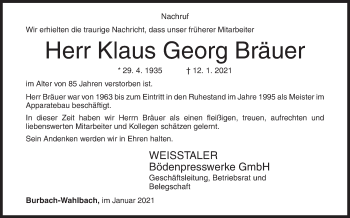 Traueranzeige von Klaus Georg Bräuer von Siegener Zeitung