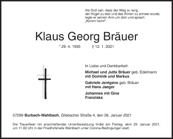 Traueranzeige von Klaus Georg Bräuer von Siegener Zeitung