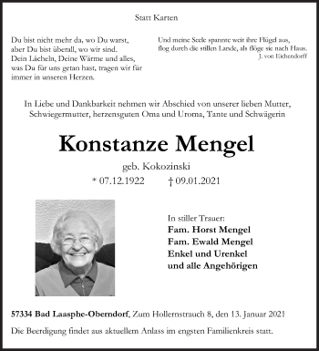 Traueranzeige von Konstanze Mengel von Siegener Zeitung