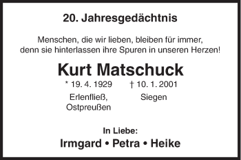 Traueranzeige von Kurt Matschuck von Siegener Zeitung