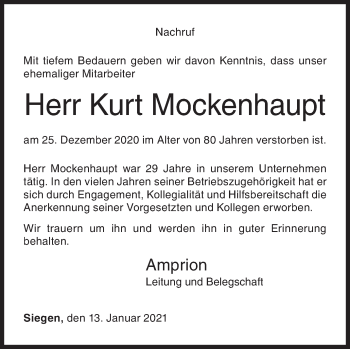 Traueranzeige von Kurt Mockenhaupt von Siegener Zeitung