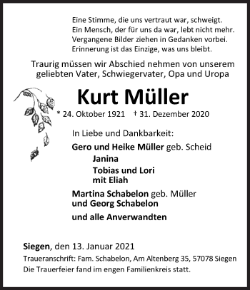 Traueranzeige von Kurt Müller von Siegener Zeitung