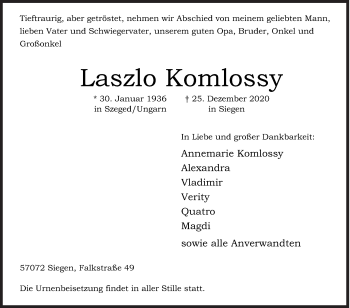 Traueranzeige von Laszlo Komlossy von Siegener Zeitung