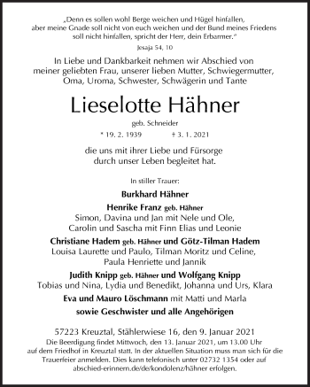 Traueranzeige von Lieselotte Hähner von Siegener Zeitung