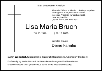 Traueranzeige von Lisa Maria Bruch von Siegener Zeitung