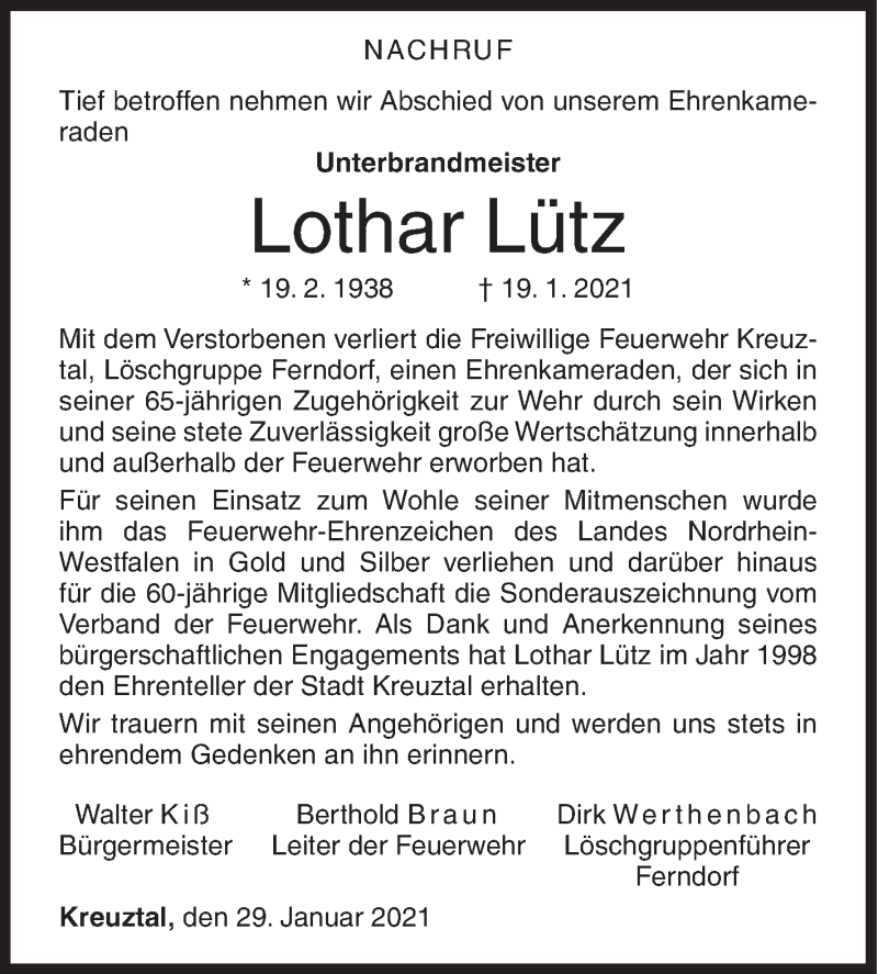  Traueranzeige für Lothar Lütz vom 29.01.2021 aus Siegener Zeitung
