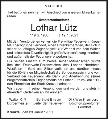 Traueranzeige von Lothar Lütz von Siegener Zeitung
