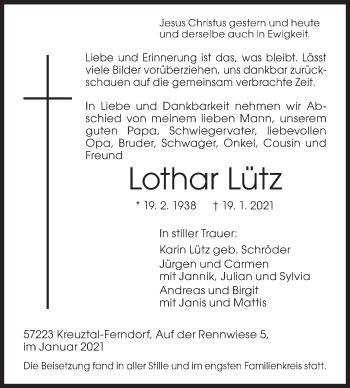 Traueranzeige von Lothar Lütz von Siegener Zeitung