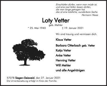 Traueranzeige von Loty Vetter von Siegener Zeitung
