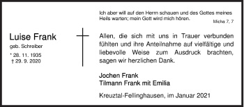 Traueranzeige von Luise Frank von Siegener Zeitung