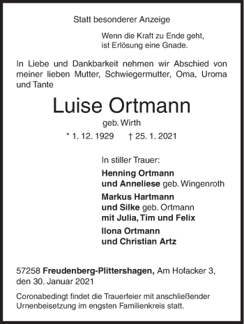 Traueranzeige von Luise Ortmann von Siegener Zeitung