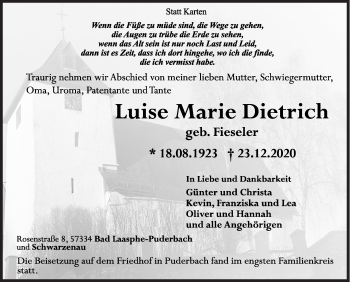 Traueranzeige von Luise Marie Dietrich von Siegener Zeitung