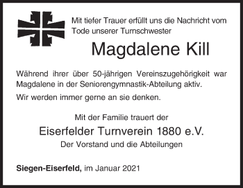 Traueranzeige von Magdalene Kill von Siegener Zeitung